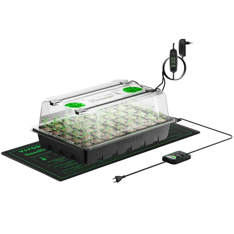 VIVOSUN Anzuchtset mit 40-Zellen-Starter-Tablett, LED-Pflanzenlicht und 25×52cm Heizmatte, Mini-Gewächshaus mit 9cm hoher Haube, Verstellbarer Belüftung und Abflusslöchern für Sämlinge – Bild 1
