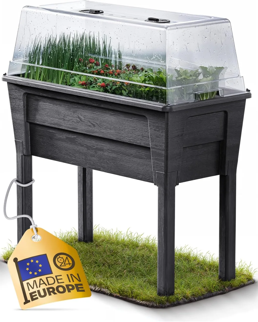 Ondis24 Garten Hochbeet Blumenkübel Victoria für Balkon, Pflanzkasten mit Gewächshaus, Volumen 50 L, Wasserspeicher, Tröpfchenbewässerung, abnehmbare Füße, Outdoor geeignet (Anthrazit)