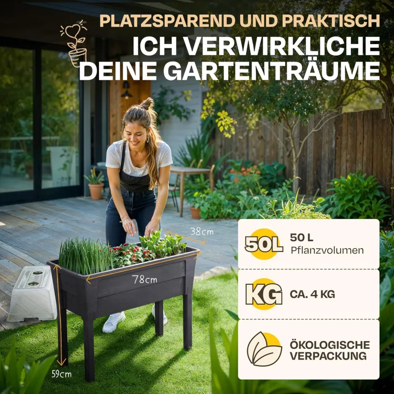Ondis24 Garten Hochbeet Blumenkübel Victoria für Balkon, Pflanzkasten mit Gewächshaus, Volumen 50 L, Wasserspeicher, Tröpfchenbewässerung, abnehmbare Füße, Outdoor geeignet (Anthrazit) – Bild 2
