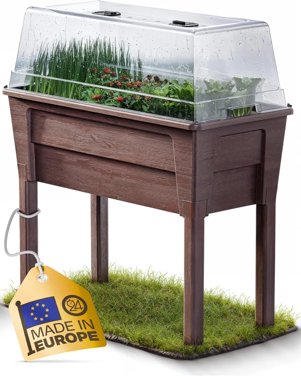 Ondis24 Garten Hochbeet Blumenkübel Victoria für Balkon, Pflanzkasten mit Gewächshaus, Volumen 50 L, Wasserspeicher, Tröpfchenbewässerung, abnehmbare Füße, Outdoor geeignet (Braun)