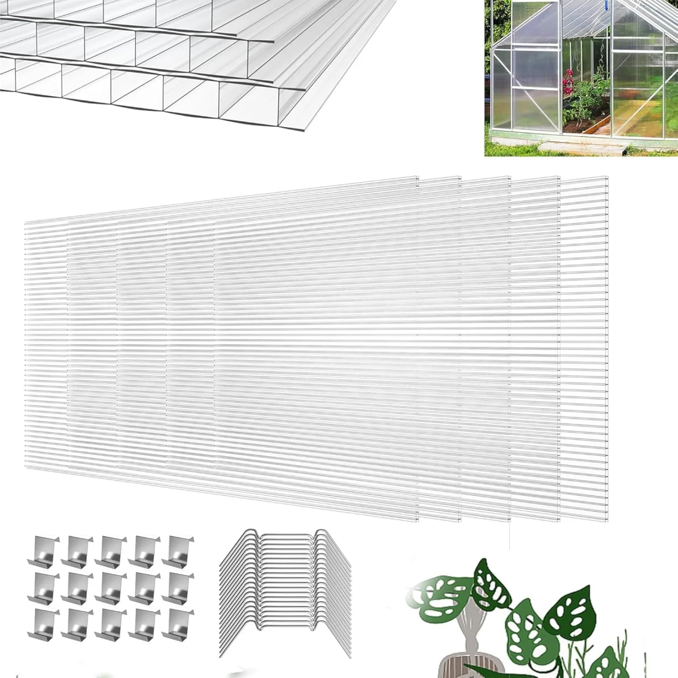 14 Stück Polycarbonat Hohlkammerstegplatten UV-beständigem Doppelstegplatte Gewächshausplatten 605x1210x4mm 10,25 m² Stegplatte Hohlkammerplatten für Gewächshaus mit 50x Klammern & 50x Z-Clips - Bild 1