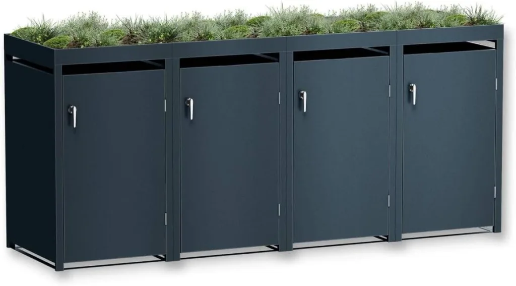 Metzler Mülltonnenbox in Anthrazit mit Pflanzdach 4er 240L, Mülltonnenverkleidung 4 Tonnen, witterungsbeständiger und pulverbeschichteter Stahl mit Automatikdeckel, abschließbar, Garten- und Müllbox