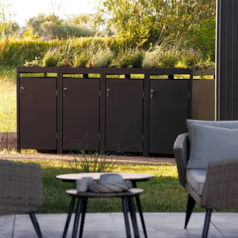 Metzler Mülltonnenbox in Anthrazit mit Pflanzdach 4er 240L, Mülltonnenverkleidung 4 Tonnen, witterungsbeständiger und pulverbeschichteter Stahl mit Automatikdeckel, abschließbar, Garten- und Müllbox – Bild 6