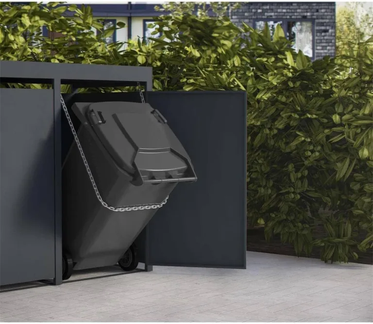 Metzler Mülltonnenbox in Anthrazit mit Pflanzdach 4er 240L, Mülltonnenverkleidung 4 Tonnen, witterungsbeständiger und pulverbeschichteter Stahl mit Automatikdeckel, abschließbar, Garten- und Müllbox – Bild 8