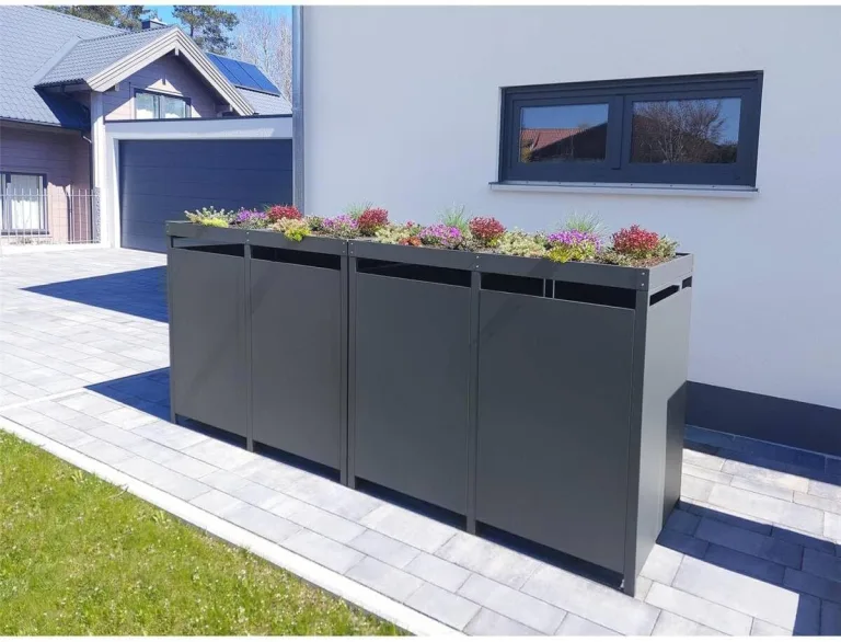 Metzler Mülltonnenbox in Anthrazit mit Pflanzdach 4er 240L, Mülltonnenverkleidung 4 Tonnen, witterungsbeständiger und pulverbeschichteter Stahl mit Automatikdeckel, abschließbar, Garten- und Müllbox – Bild 9
