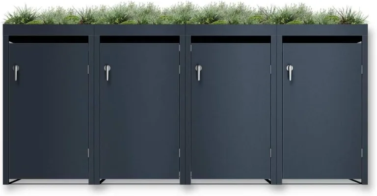 Metzler Mülltonnenbox in Anthrazit mit Pflanzdach 4er 240L, Mülltonnenverkleidung 4 Tonnen, witterungsbeständiger und pulverbeschichteter Stahl mit Automatikdeckel, abschließbar, Garten- und Müllbox – Bild 3