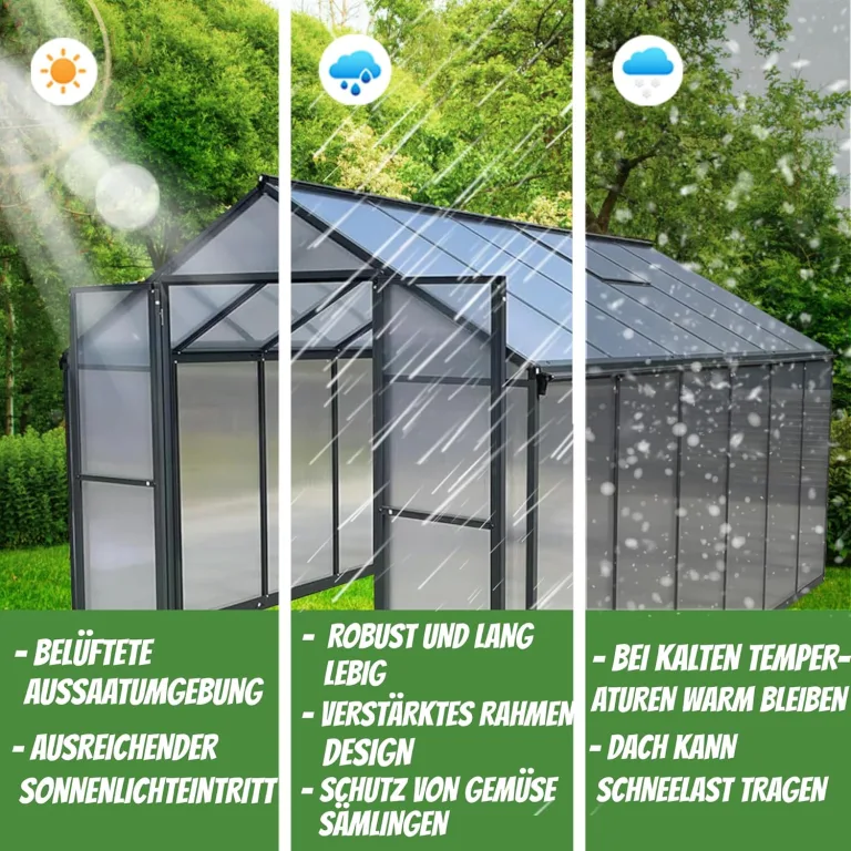 Gewächshaus Aluminium für den Garten |Mit 8 cm dickeres Fundament| 361*238*210 cm | Vielseitig nutzbar als Treibhaus Gartenhaus Winterfest Aufzucht Tomatenhaus Frühbeet und Pflanzenhaus Grau – Bild 6