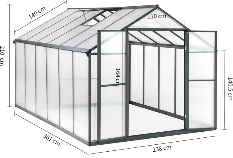 Gewächshaus Aluminium für den Garten |Mit 8 cm dickeres Fundament| 361*238*210 cm | Vielseitig nutzbar als Treibhaus Gartenhaus Winterfest Aufzucht Tomatenhaus Frühbeet und Pflanzenhaus Grau – Bild 2