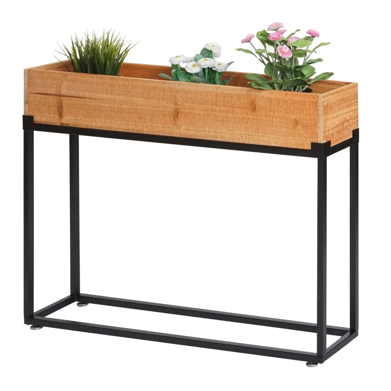 Hochbeet HWC-L32, Pflanzkasten Blumenkasten Gemüsebeet, Holz-Stahl 62x80x16cm - Gestell schwarz, naturfarben – Bild 1