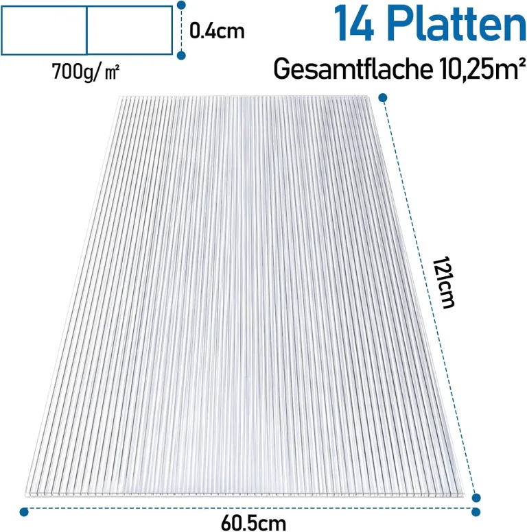 14x Polycarbonat Hohlkammerstegplatten 4mm Doppelstegplatte Polycarbonat 60,5 x 121 cm | 10,25 m² Gewächshausplatte UV-beständigen für Gewächshaus Garten Treibhaus Ersatzplatten – Bild 2
