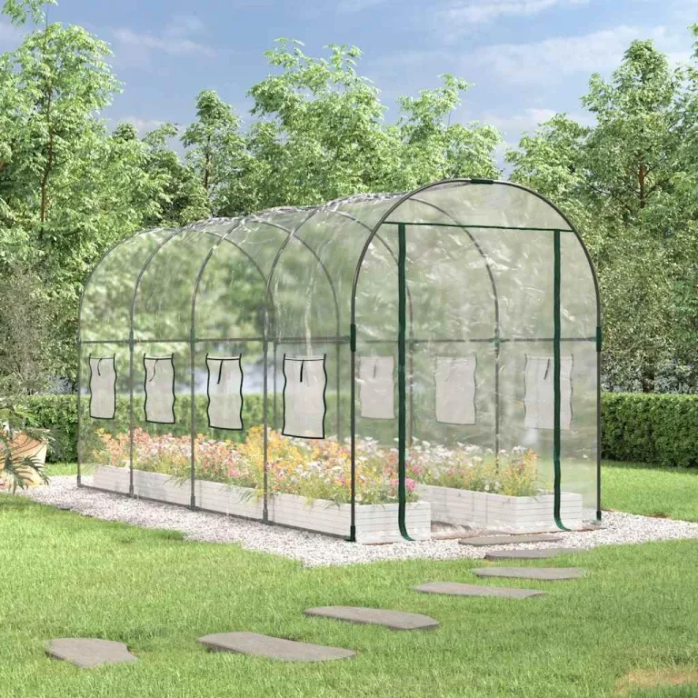 vidaXL Gewächshaus, Gartenhaus mit Abdeckung, Treibhaus mit Rollfenster Rolltür, Tomatenhaus Pflanzenhaus, Transparent 160x400x190cm PVC Stahl – Bild 2