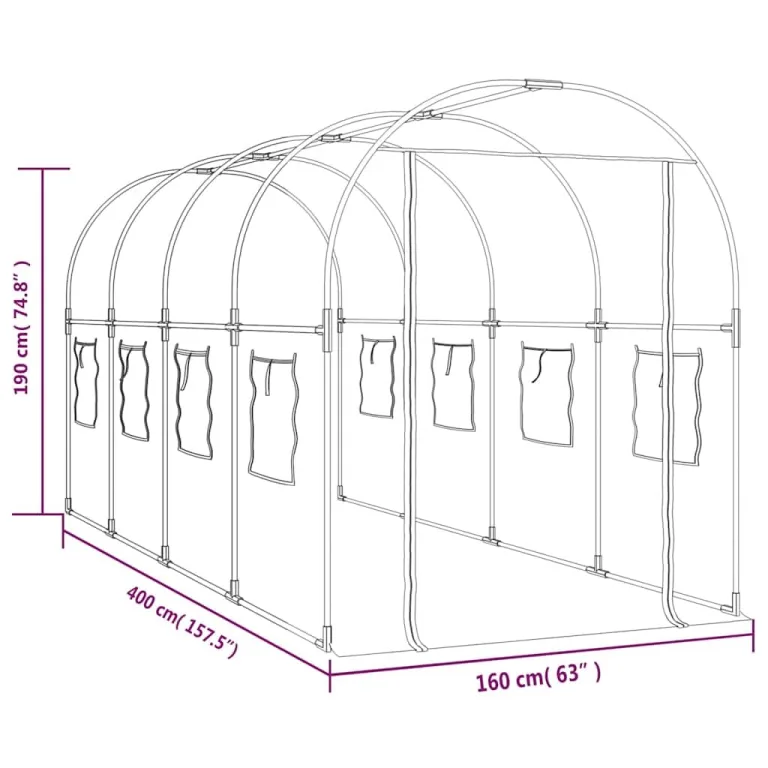 vidaXL Gewächshaus, Gartenhaus mit Abdeckung, Treibhaus mit Rollfenster Rolltür, Tomatenhaus Pflanzenhaus, Transparent 160x400x190cm PVC Stahl – Bild 3