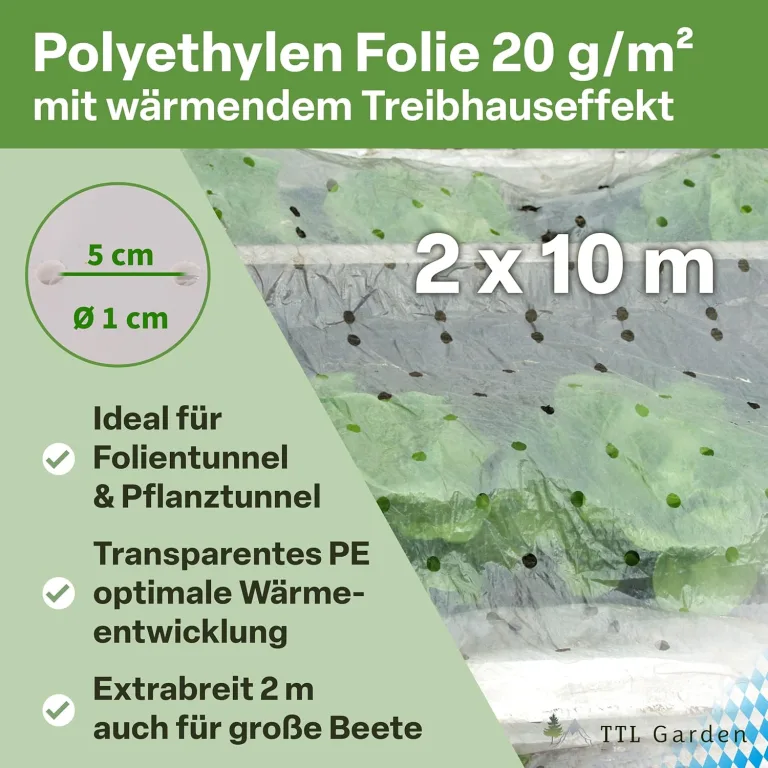 TTL Garden 10x2m PE Frühbeetfolie gelocht 20g/m² - transparente Gartenfolie für Folientunnel Anzuchtfolie Frühbeet & Hochbeet Wachstumsfolie Wärme Schutz vor Regen, Wind Frost – Bild 3