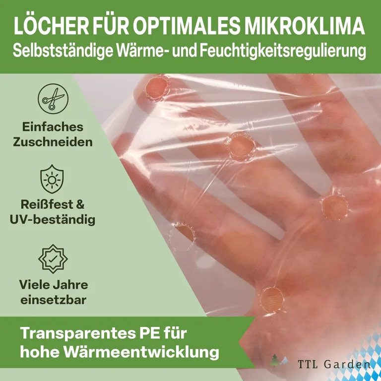 TTL Garden 10x2m PE Frühbeetfolie gelocht 20g/m² - transparente Gartenfolie für Folientunnel Anzuchtfolie Frühbeet & Hochbeet Wachstumsfolie Wärme Schutz vor Regen, Wind Frost – Bild 4