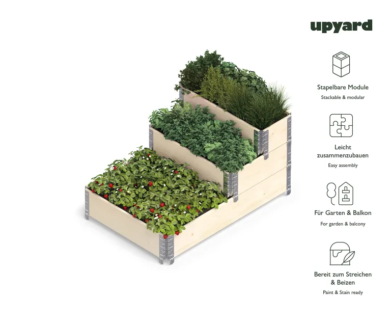 Upyard Stepped Bed - modernes Hochbeet aus Palettenrahmen - modulares, mehrstufiges Hochbeet aus Naturholz für Garten und Terrasse, 120x80x58,5, Naturholz – Bild 3
