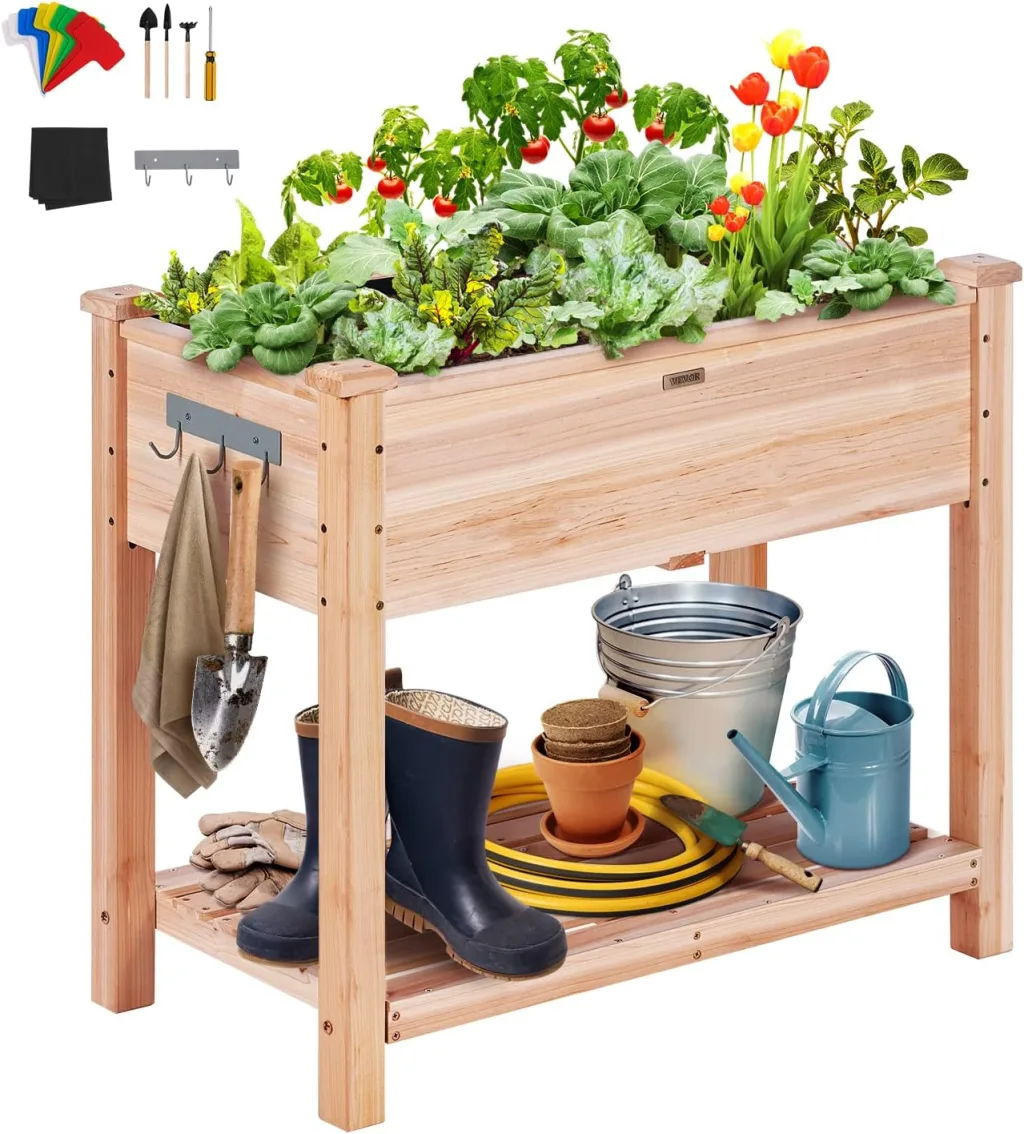 VEVOR Hochbeet Holz Pflanzkübel mit Ablage Blumenkasten 75kg Tragfähigkeit Garten Pflanzkasten Terrassen Gemüsebeet Gartenbeet Pflanzbeet 86x46x76cm ideal für den Anbau von Gemüse Obst Kräutern