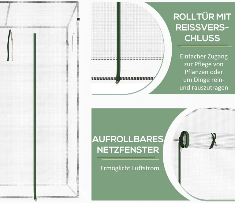 Outsunny Gewächshaus mit Fernster, PE-Gitterfolie, Foliengewächshaus aus Stahl, Treibhaus für Balkon, Garten, Tomatenhaus 200x68x196cm, Tomatengewächshaus für Gemüse, Blumen, Pflanzen, Weiß – Bild 4