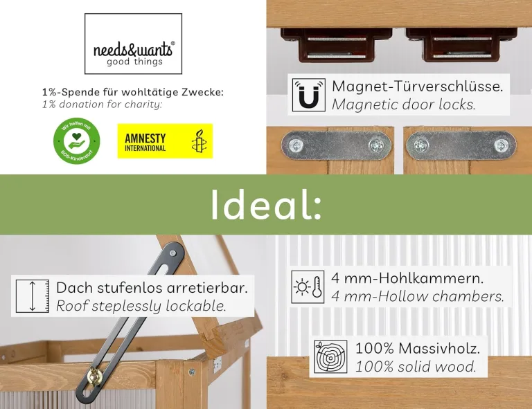 needs&wants® Mini Gewächshaus Treibhaus klein Winterfest aus Holz für Balkon Garten Indoor, Frühbeet Hochbeet Pflanzschrank Anzuchthaus, auch für Schildkröten, Polycarbonat – Bild 2