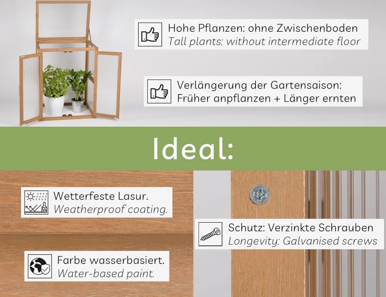 needs&wants® Mini Gewächshaus Treibhaus klein Winterfest aus Holz für Balkon Garten Indoor, Frühbeet Hochbeet Pflanzschrank Anzuchthaus, auch für Schildkröten, Polycarbonat – Bild 3