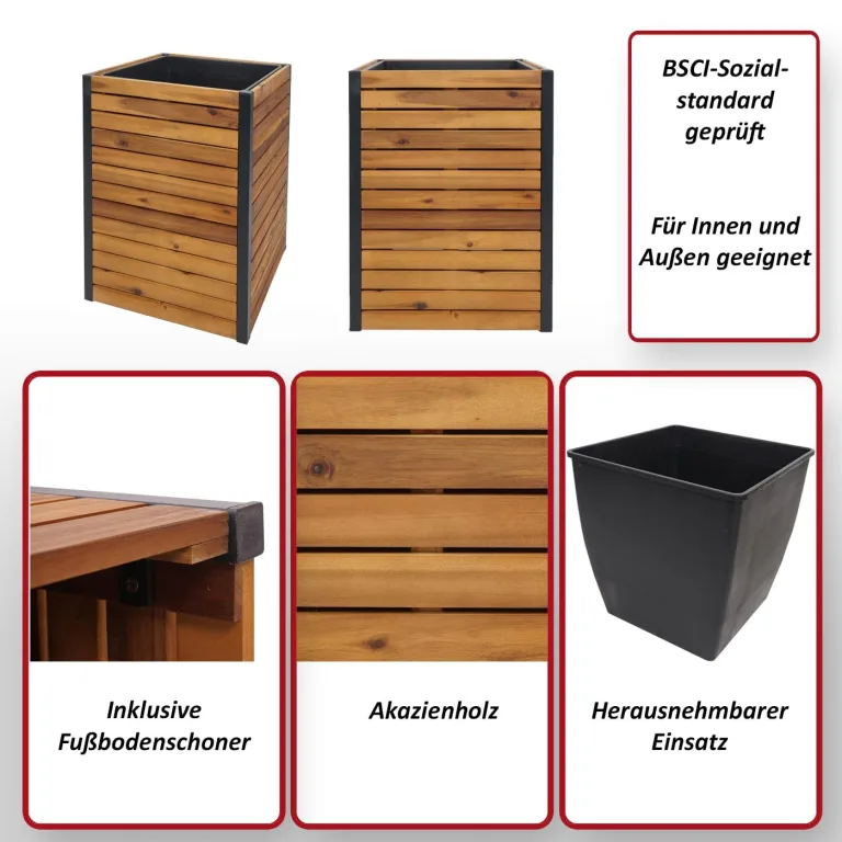 Pflanzkasten HWC-L23, Hochbeet Blumenkasten, Outdoor Akazie Holz FSC®-Zertifiziert Aluminium - 60x42x42cm braun – Bild 2