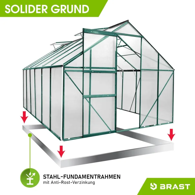 BRAST Gewächshaus Aluminium mit Fundament | 42 Modelle | 130x190x195cm - 490x250x235cm | TÜV geprüft | 6mm Hohlkammerplatten | rostfrei wetterfest temperaturbeständig | 380x250x205cm Grün – Bild 8