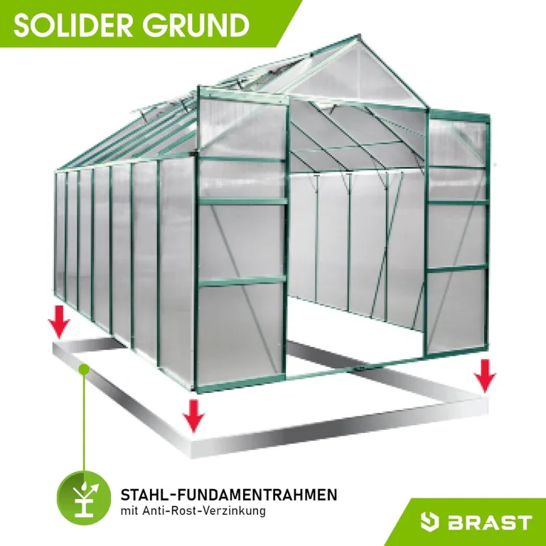 BRAST Gewächshaus Aluminium mit Fundament | 42 Modelle | 130x190x195cm - 490x250x235cm | TÜV geprüft | 6mm Hohlkammerplatten | rostfrei wetterfest temperaturbeständig | 430x250x235cm Grün – Bild 8