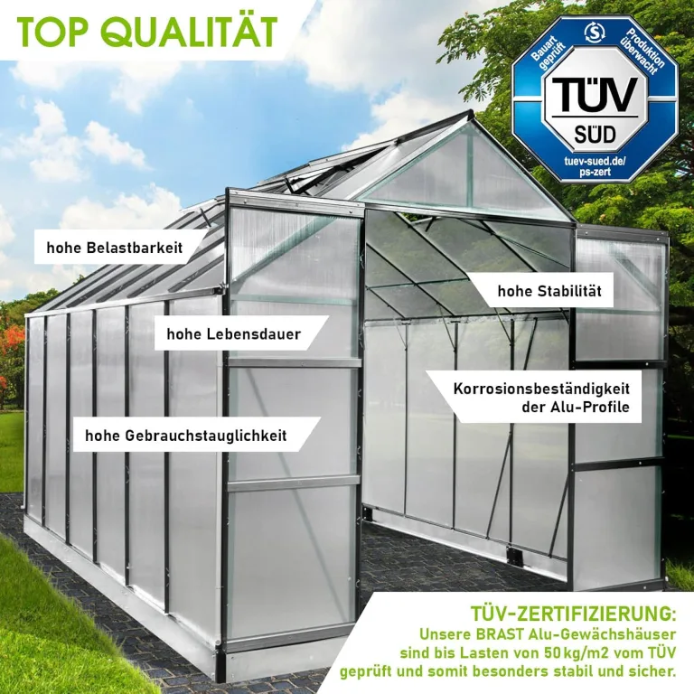 BRAST Gewächshaus Aluminium mit Fundament | 42 Modelle | 130x190x195cm - 490x250x235cm | TÜV geprüft | 6mm Hohlkammerplatten | rostfrei wetterfest temperaturbeständig | 380x250x235cm Grau – Bild 4