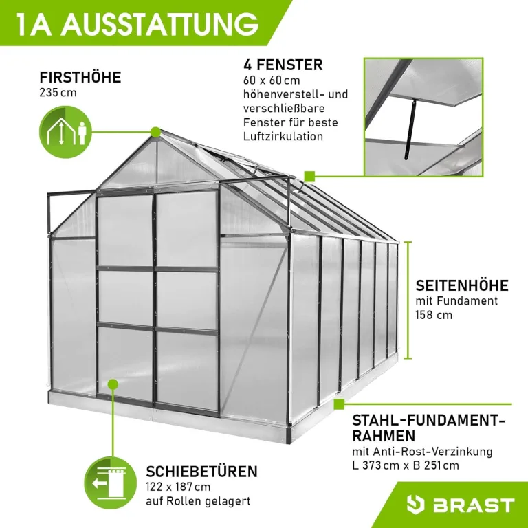 BRAST Gewächshaus Aluminium mit Fundament | 42 Modelle | 130x190x195cm - 490x250x235cm | TÜV geprüft | 6mm Hohlkammerplatten | rostfrei wetterfest temperaturbeständig | 380x250x235cm Grau – Bild 7