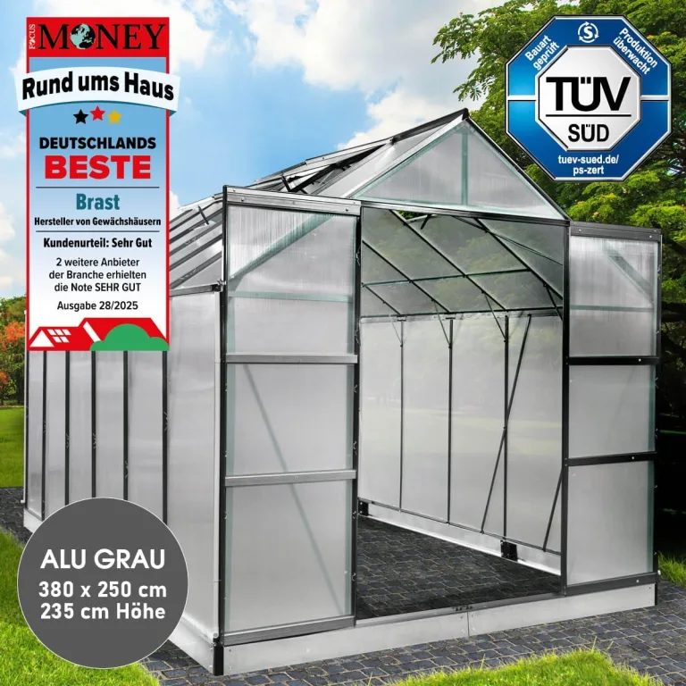 BRAST Gewächshaus Aluminium mit Fundament | 42 Modelle | 130x190x195cm - 490x250x235cm | TÜV geprüft | 6mm Hohlkammerplatten | rostfrei wetterfest temperaturbeständig | 380x250x235cm Grau – Bild 3