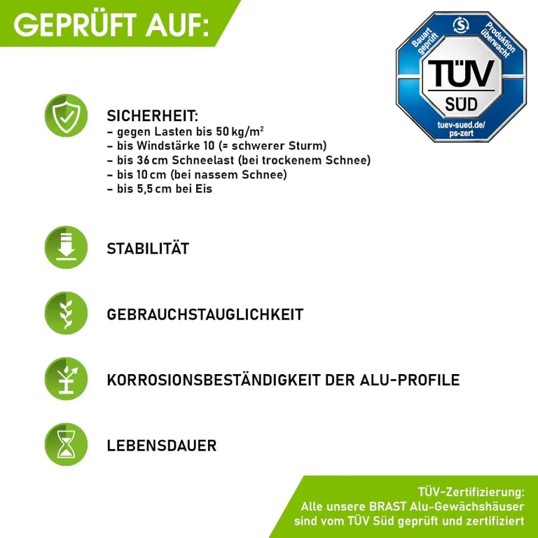 BRAST Gewächshaus Aluminium mit Fundament | 42 Modelle | 130x190x195cm - 490x250x235cm | TÜV geprüft | 6mm Hohlkammerplatten | rostfrei wetterfest temperaturbeständig | 490x250x235cm Silber – Bild 5