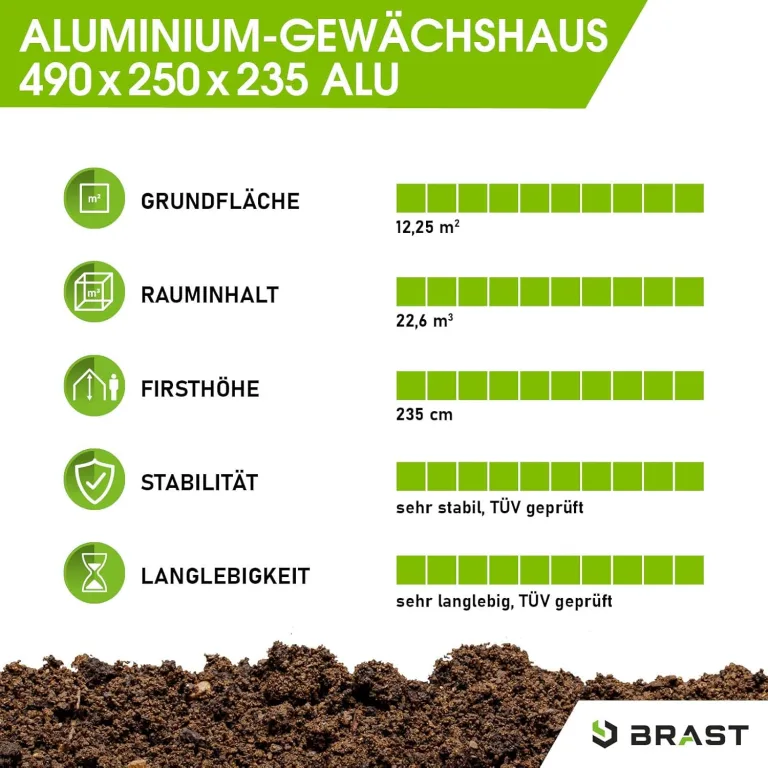 BRAST Gewächshaus Aluminium mit Fundament | 42 Modelle | 130x190x195cm - 490x250x235cm | TÜV geprüft | 6mm Hohlkammerplatten | rostfrei wetterfest temperaturbeständig | 490x250x235cm Silber – Bild 6