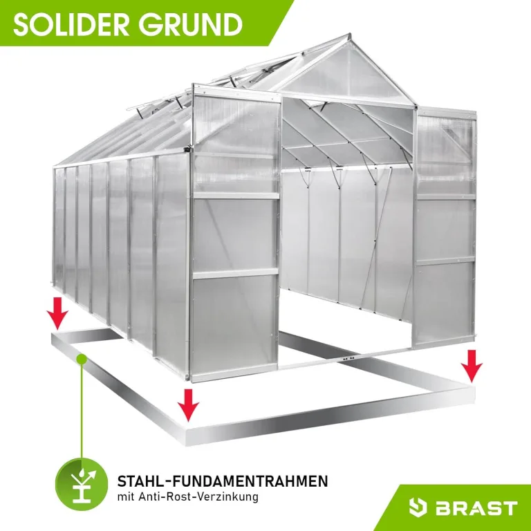 BRAST Gewächshaus Aluminium mit Fundament | 42 Modelle | 130x190x195cm - 490x250x235cm | TÜV geprüft | 6mm Hohlkammerplatten | rostfrei wetterfest temperaturbeständig | 490x250x235cm Silber – Bild 8