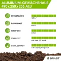 BRAST Gewächshaus Aluminium mit Fundament | 42 Modelle | 130x190x195cm - 490x250x235cm | TÜV geprüft | 6mm Hohlkammerplatten | rostfrei wetterfest temperaturbeständig | 490x250x235cm Silber - Thumbnail 6