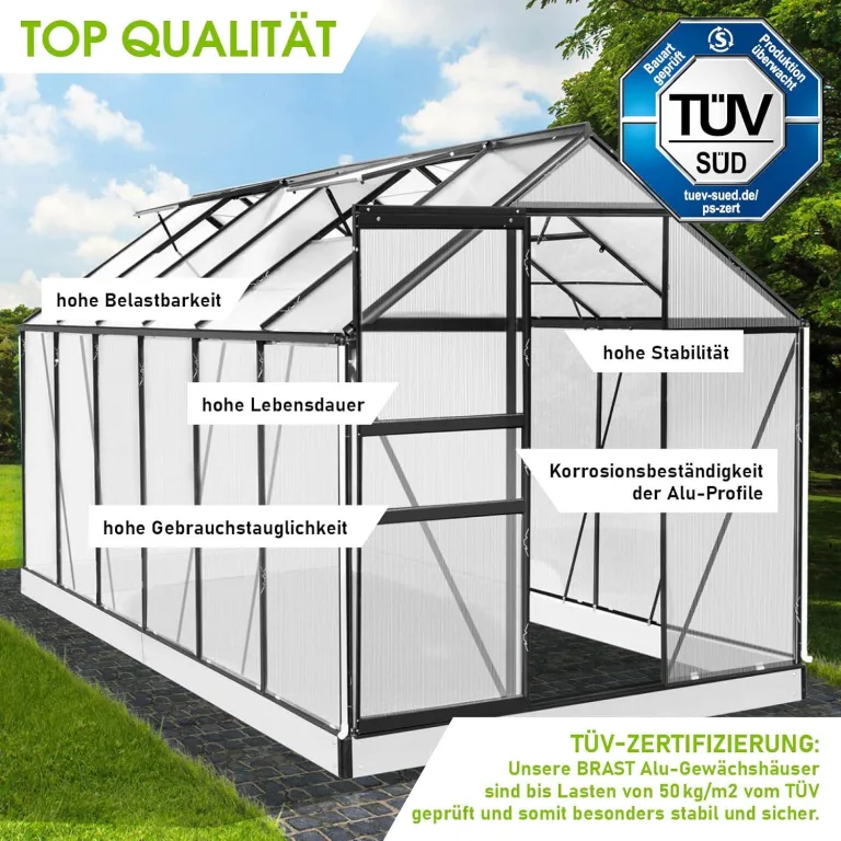 BRAST Gewächshaus Aluminium mit Fundament | 42 Modelle | 130x190x195cm - 490x250x235cm | TÜV geprüft | 6mm Hohlkammerplatten | rostfrei wetterfest temperaturbeständig | 380x190x195cm Grau – Bild 4