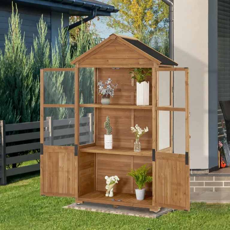 M MCombo Gartenschrank Holz Klein, Outdoor Gartenhaus Gerätehaus Wetterfest, Gewächshaus für Balkon & Terrasse, 100 × 53 × 178 cm, 0111 (Natur) – Bild 2