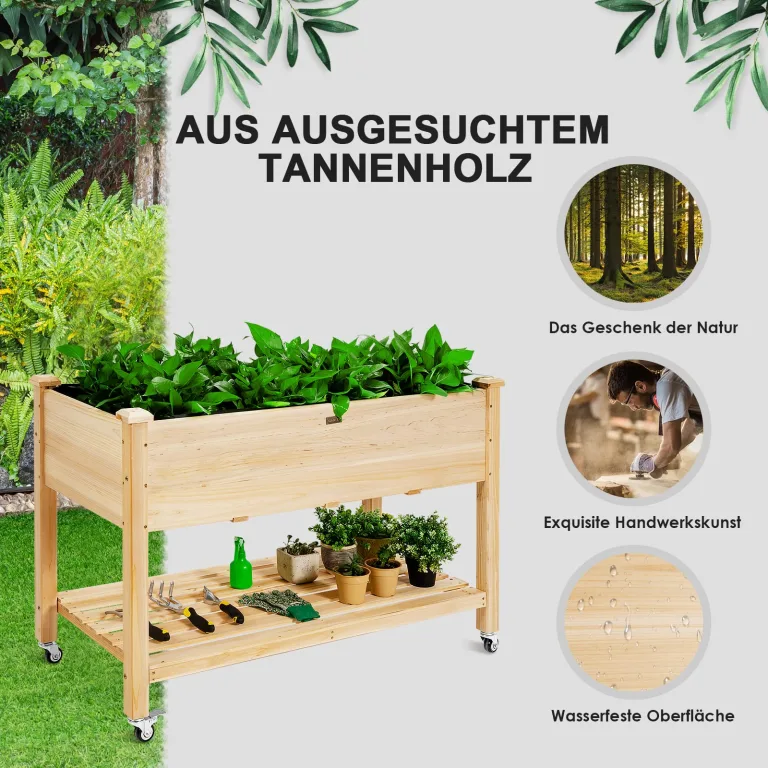 RELAX4LIFE Hochbeet mit Rollen, Gartenbeet aus Tannenholz, Pflanzkasten mit Ablage, Ablauflöchern & Abdeckfolie, Pflanzbeet Blumenkübel Kräuterbeet für Garten Balkon Terrasse, 120 x 59 x 84 cm, Natur – Bild 2