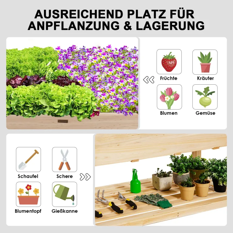RELAX4LIFE Hochbeet mit Rollen, Gartenbeet aus Tannenholz, Pflanzkasten mit Ablage, Ablauflöchern & Abdeckfolie, Pflanzbeet Blumenkübel Kräuterbeet für Garten Balkon Terrasse, 120 x 59 x 84 cm, Natur – Bild 4