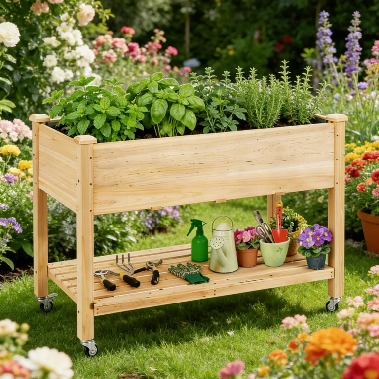 RELAX4LIFE Hochbeet mit Rollen, Gartenbeet aus Tannenholz, Pflanzkasten mit Ablage, Ablauflöchern & Abdeckfolie, Pflanzbeet Blumenkübel Kräuterbeet für Garten Balkon Terrasse, 120 x 59 x 84 cm, Natur – Bild 8