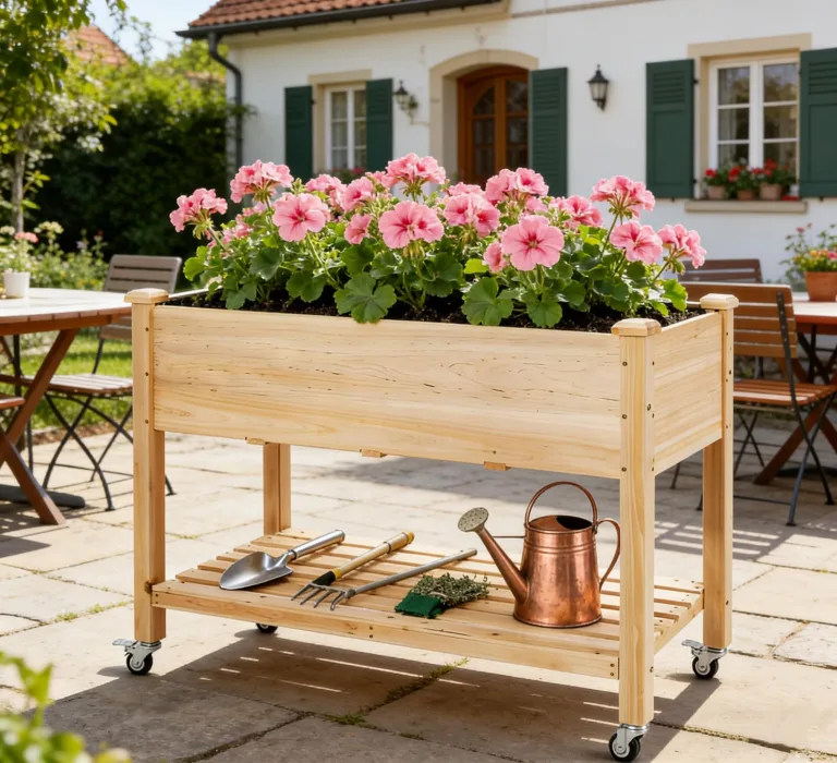 RELAX4LIFE Hochbeet mit Rollen, Gartenbeet aus Tannenholz, Pflanzkasten mit Ablage, Ablauflöchern & Abdeckfolie, Pflanzbeet Blumenkübel Kräuterbeet für Garten Balkon Terrasse, 120 x 59 x 84 cm, Natur – Bild 9