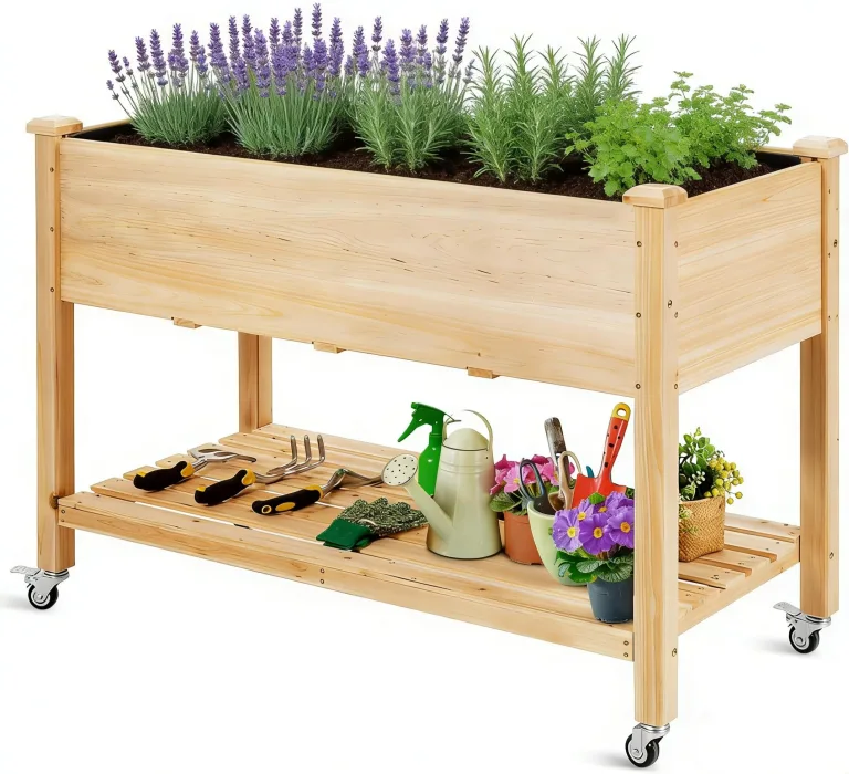 RELAX4LIFE Hochbeet mit Rollen, Gartenbeet aus Tannenholz, Pflanzkasten mit Ablage, Ablauflöchern & Abdeckfolie, Pflanzbeet Blumenkübel Kräuterbeet für Garten Balkon Terrasse, 120 x 59 x 84 cm, Natur – Bild 1
