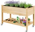 RELAX4LIFE Hochbeet mit Rollen, Gartenbeet aus Tannenholz, Pflanzkasten mit Ablage, Ablauflöchern & Abdeckfolie, Pflanzbeet Blumenkübel Kräuterbeet für Garten Balkon Terrasse, 120 x 59 x 84 cm, Natur - Thumbnail 10
