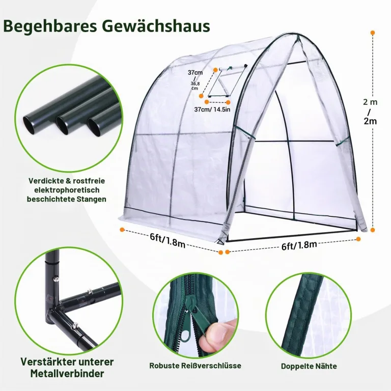 Ohuhu Gewächshaus Foliengewächshaus Tragbar Tomatenhaus Folientunnel, Robustes begehbares Gewächshaus mit Netzfenstern, langlebige Kunststoff-PE-Abdeckung für den Außenbereich 1,8x1,8x2 m Weiß – Bild 6