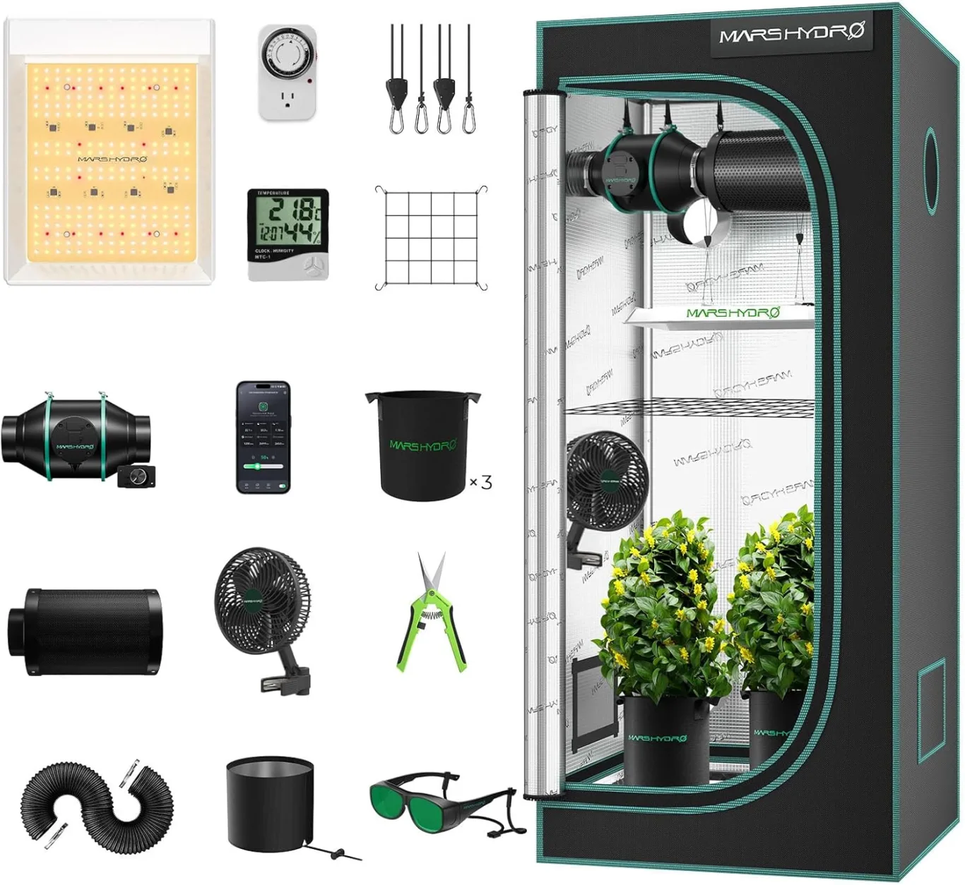 Mars Hydro Growzelt Komplettset,TS600 Vollspektrum Grow Lampe,60X60X140cm 1680D Hoch Reflektierend Mylar Grow Box Komplettset,mit 4" 205 CFM Ruhiges und Effizientes Belüftungssatz,10-Gang-Lüfter - Bild 1