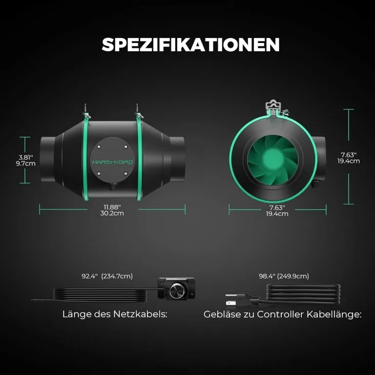 Mars Hydro Growzelt Komplettset,TS600 Vollspektrum Grow Lampe,60X60X140cm 1680D Hoch Reflektierend Mylar Grow Box Komplettset,mit 4" 205 CFM Ruhiges und Effizientes Belüftungssatz,10-Gang-Lüfter – Bild 8