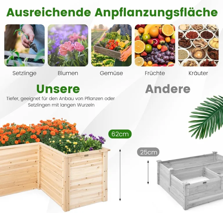 COSTWAY Erhöhtes Hochbeet Holz, Gartenbeet tief, Pflanzkasten mit offenem Boden, für Balkon Garten Terrasse, Pflanzenbeet L-förmig, Kräuterbeet Pflanzkasten, Tannenholz, 120 x 120 x 63 cm (Natur) – Bild 5