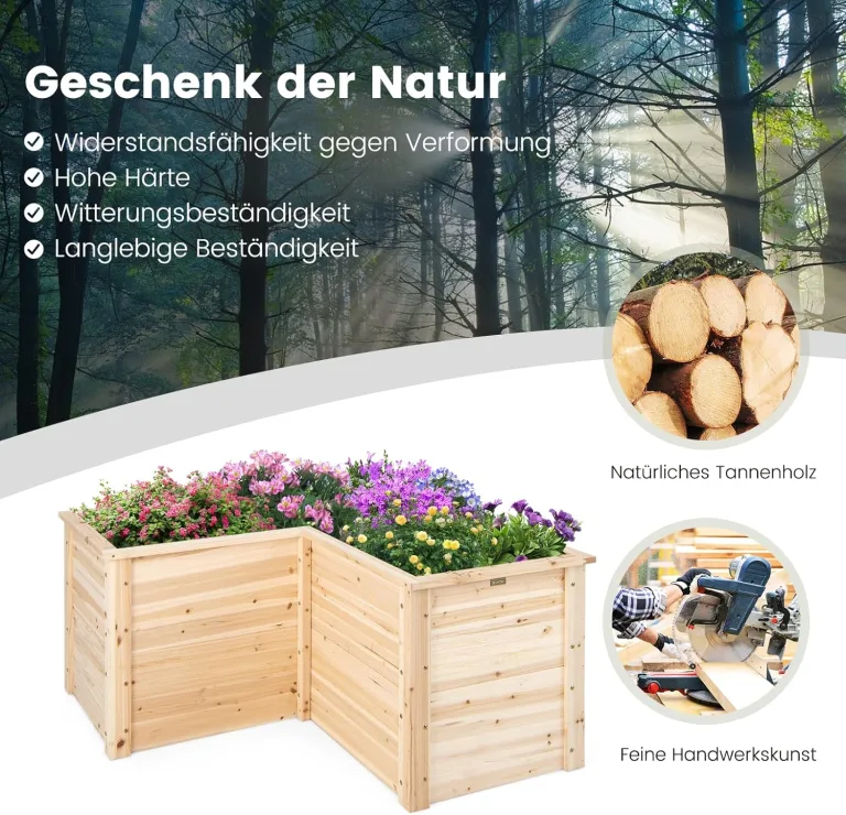 COSTWAY Erhöhtes Hochbeet Holz, Gartenbeet tief, Pflanzkasten mit offenem Boden, für Balkon Garten Terrasse, Pflanzenbeet L-förmig, Kräuterbeet Pflanzkasten, Tannenholz, 120 x 120 x 63 cm (Natur) – Bild 6