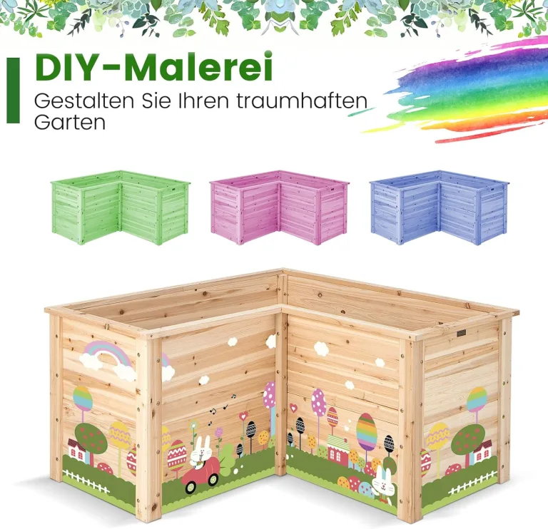 COSTWAY Erhöhtes Hochbeet Holz, Gartenbeet tief, Pflanzkasten mit offenem Boden, für Balkon Garten Terrasse, Pflanzenbeet L-förmig, Kräuterbeet Pflanzkasten, Tannenholz, 120 x 120 x 63 cm (Natur) – Bild 8