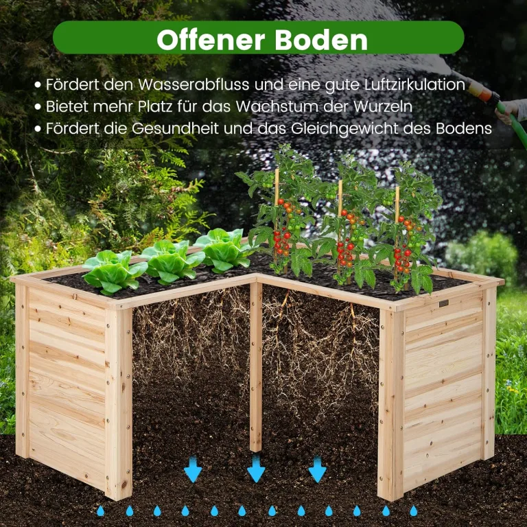 COSTWAY Erhöhtes Hochbeet Holz, Gartenbeet tief, Pflanzkasten mit offenem Boden, für Balkon Garten Terrasse, Pflanzenbeet L-förmig, Kräuterbeet Pflanzkasten, Tannenholz, 120 x 120 x 63 cm (Natur) – Bild 3