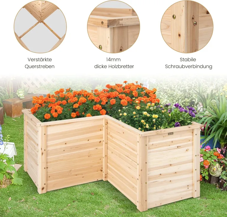 COSTWAY Erhöhtes Hochbeet Holz, Gartenbeet tief, Pflanzkasten mit offenem Boden, für Balkon Garten Terrasse, Pflanzenbeet L-förmig, Kräuterbeet Pflanzkasten, Tannenholz, 120 x 120 x 63 cm (Natur) – Bild 4