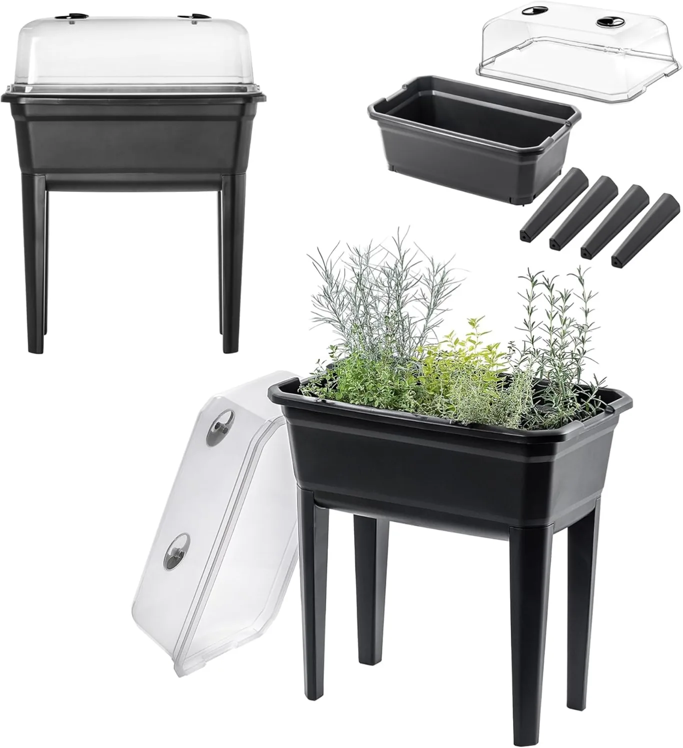 KADAX Gewächshaus auf Beinen, 30L aus Kunststoff, Anzuchttopf mit Abdeckung mit Lüftungsöffnungen, Kräuterbeet für Balkon Garten und Terrasse (Kunststoff 60cm, Anthrazit) - Bild 1